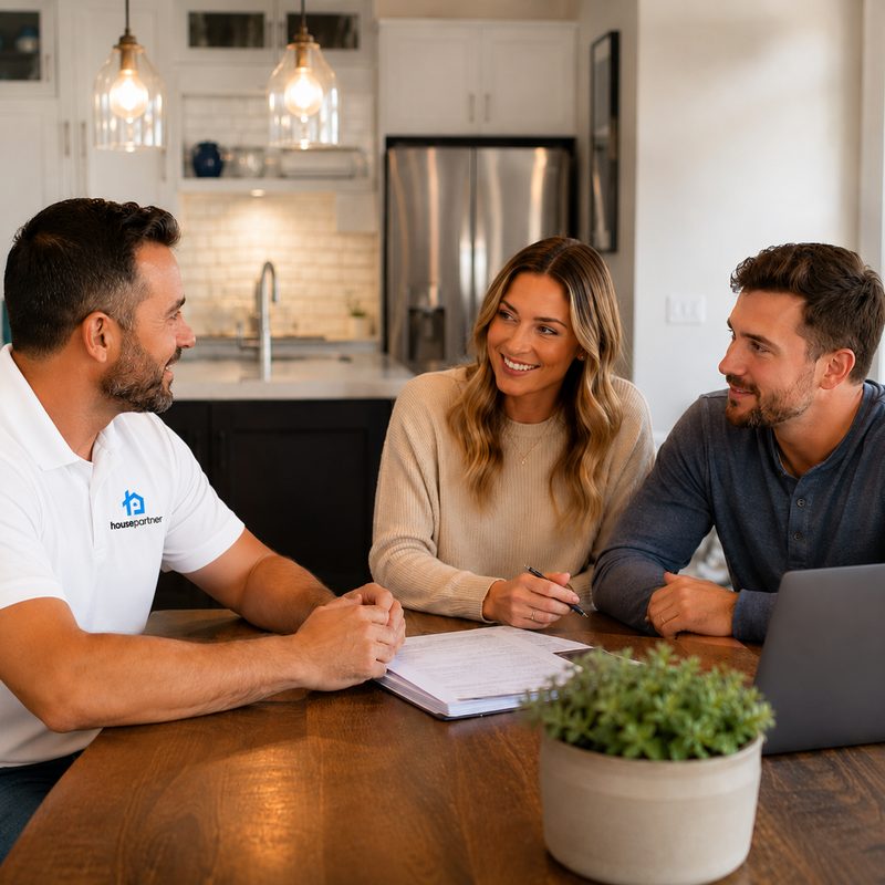 A House Partner team member talking with two homeowners at their kitchen table